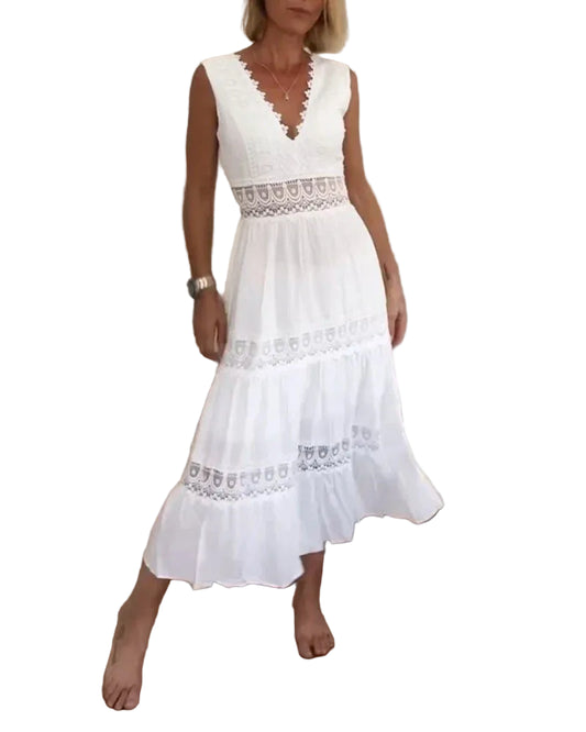 Women’s Sleeveless Midi Dress with Lace Detail and Flowy Hem