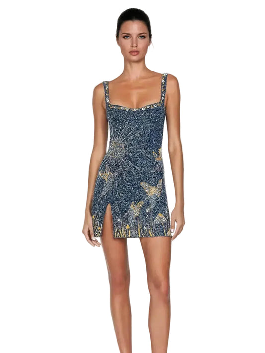 Women’s Sleeveless Mini Dress with Square Neckline and Decorative Bead Detail