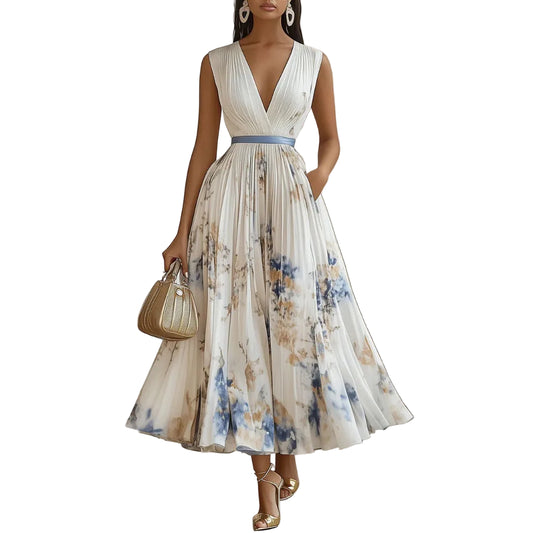 Women’s Sleeveless Pleated Dress with V-Neck and Waist Band