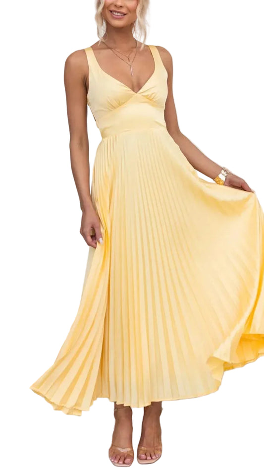 Women’s Sleeveless Pleated Dress with V-Neckline and Midi Length