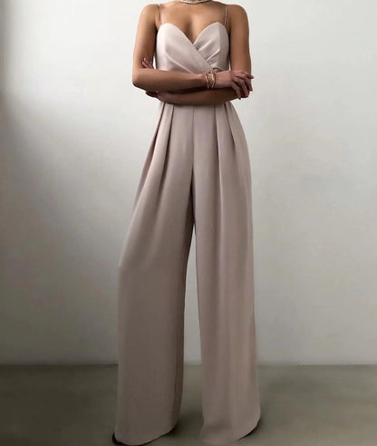 Women’s Sleeveless Wide Leg Jumpsuit with V-Neck Wrap Front