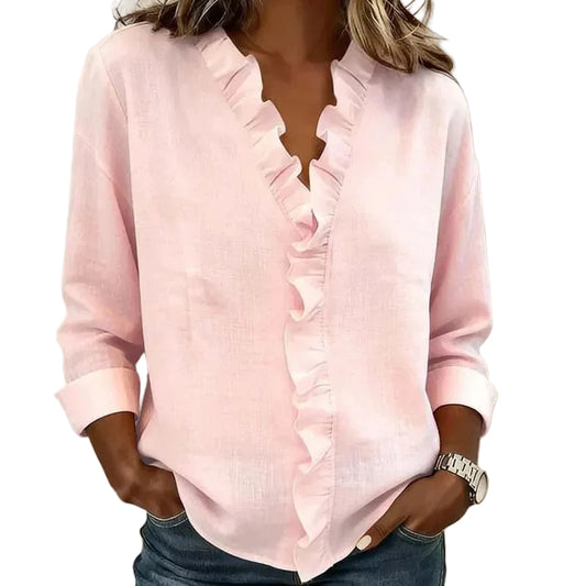 Women’s Blouse with V-Neck Long Sleeves and Ruffle Trim