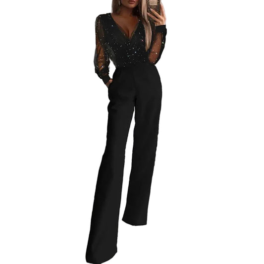 Women’s Wide-Leg Jumpsuit with V-Neckline and Long Sleeves