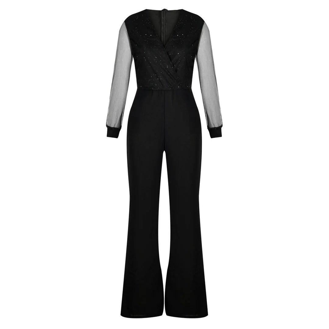 Women’s Wide-Leg Jumpsuit with V-Neckline and Long Sleeves