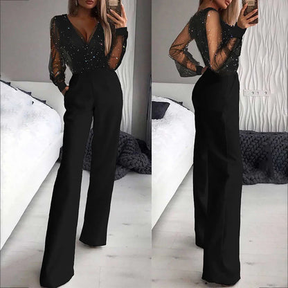 Women’s Wide-Leg Jumpsuit with V-Neckline and Long Sleeves