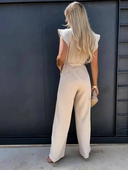 Women’s Wide Leg Jumpsuit with Sleeveless Cut and Waist Tie