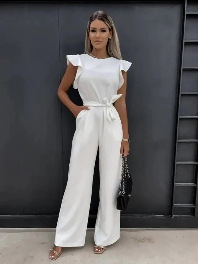 Women’s Wide Leg Jumpsuit with Sleeveless Cut and Waist Tie