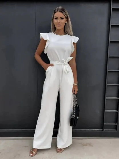 Women’s Wide Leg Jumpsuit with Sleeveless Cut and Waist Tie