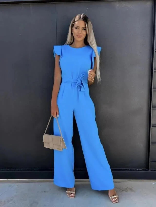 Women’s Wide Leg Jumpsuit with Sleeveless Cut and Waist Tie